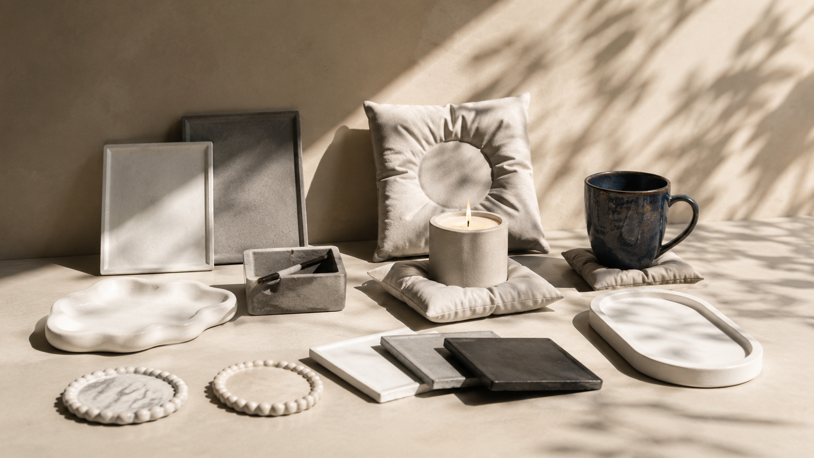 A sunlit arrangement of Vera trays, coasters, candle holders, and sculptural objects